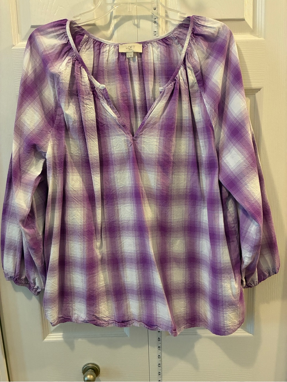 LOFT outlet Purple Plaid Peasant Blouse, Size XL
